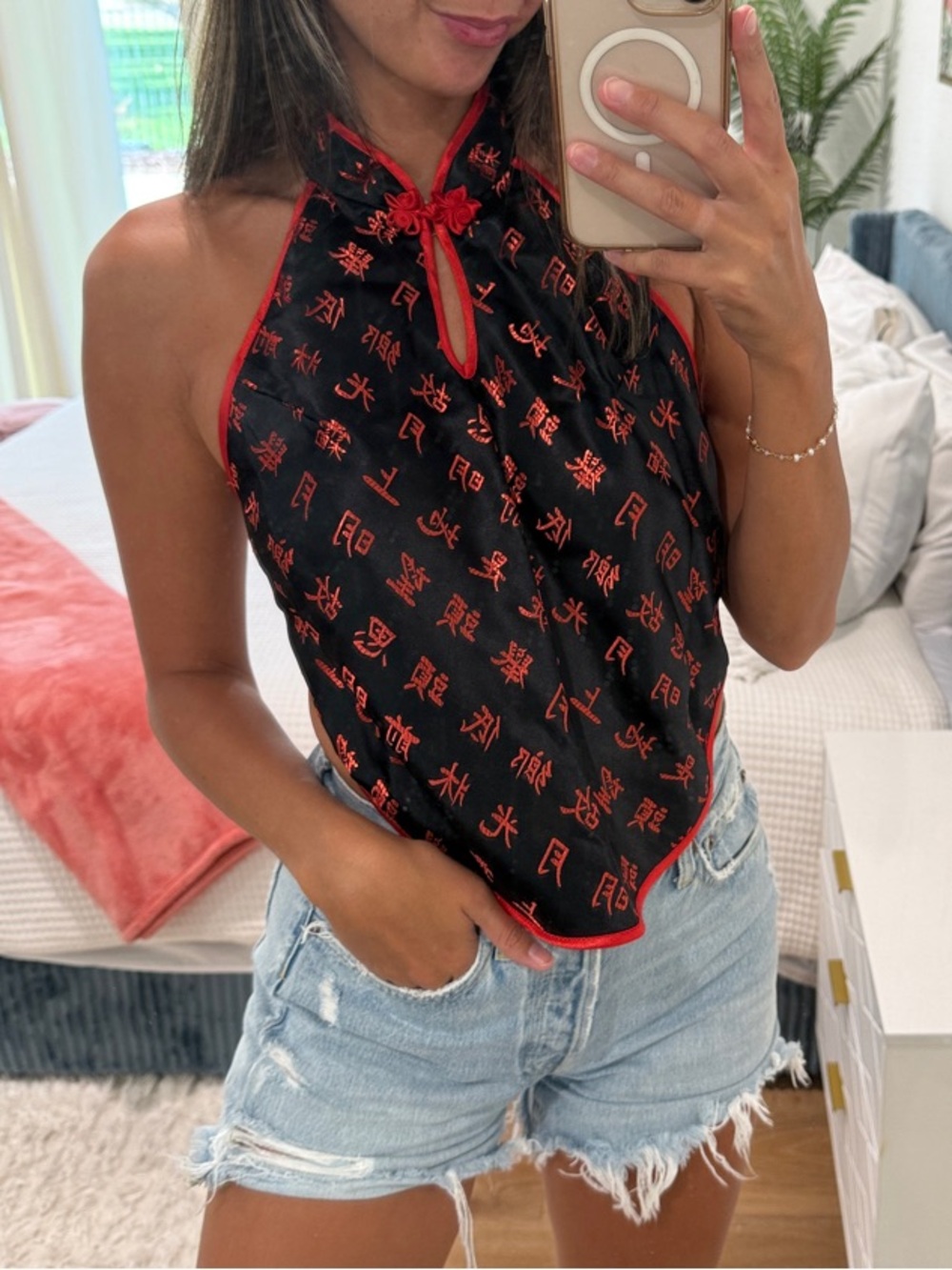 Vintage Red & Black Satin Halter Camisole Top
